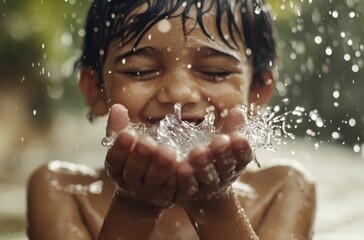 Fototapeta premium Close shot of an Indian child having fun in light rain, water splashing from his cupped hands