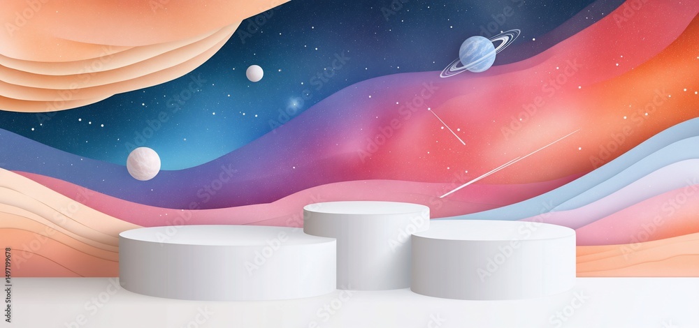 Poster abstract pastel cosmos backdrop with three cylindrical platforms for product display.
