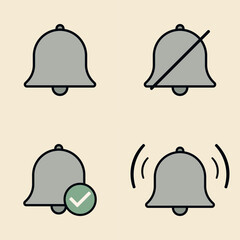 Grey alert bell icons in flat style showing silent, ringing, and checkmark options