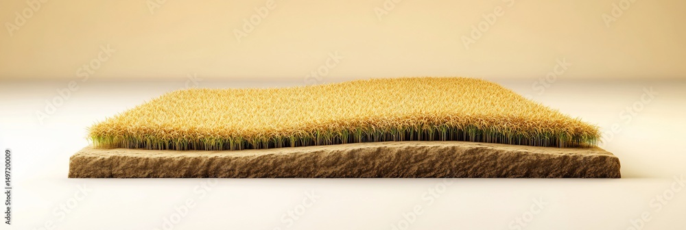 Poster a digitally rendered square of land with golden wheat growing on top.
