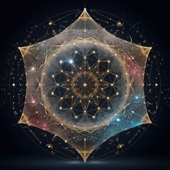 Abstrakte geometrische Mandala-Komposition mit Lichtpunkten und Netzstruktur
