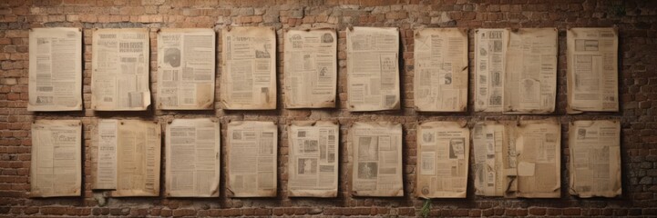 Multiple aged paper posters affixed to a rustic wall, showcasing various design styles ,  aged,  realistic
