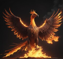 Single phoenix engulfed in intense flames against dark backdrop ,  flames,  creature,  shadow