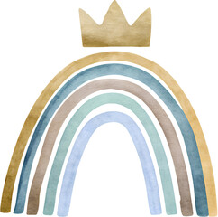 Fototapeta premium Watercolor boho rainbow with crown on transparent background.