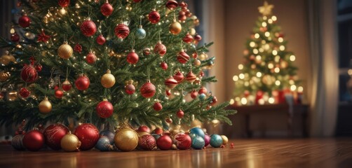 Ornate Christmas tree, vibrant baubles, soft bokeh lights ,  colorful lights,  merry christmas