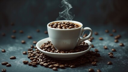 Fototapeta premium Coffee cup with steam and coffee beans, on a saucer, surrounded by scattered coffee beans.
