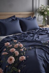 Elegant navy bedding, king-size bed, tranquil flower display ,  stems,  home