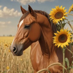 Elegant horse head vector, wheat & sunflower field backdrop ,  serene,  sunflowers