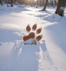 Crisp fox paw print in fresh snow, winter forest scene ,  wilderness,  white,  winter