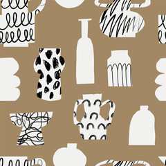 Modern art cutout minimalist design black and white vases with abstract doodle patterns like dots and arches on a beige background in a flat style. Vector seamless pattern