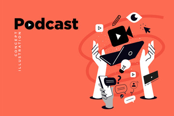 Fototapeta na wymiar Podcast. Vector illustration for web banner, social media banner, business presentation, marketing material. 
