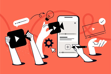 Plakat Mobile video, video call, live streaming. Vector illustration for web banner, social media banner, business presentation, marketing material. 