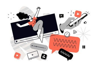 Plakat Podcast and social media marketing. Vector illustration for web banner, social media banner, business presentation, marketing material. 