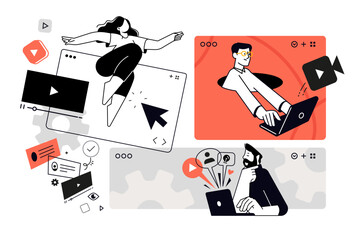 Plakat Video and online communication. Set of vector illustrations for web banner, social media banner, business presentation, marketing material. 