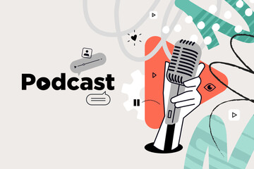 Fototapeta na wymiar Podcast. Vector illustration for web banner, social media banner, business presentation, marketing material. 