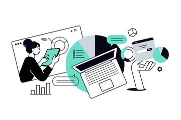 Plakat Market research and data analytics. Vector illustration for web banner, social media banner, business presentation, marketing material.