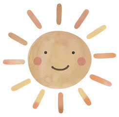 Watercolor illustration of a smiling sun with boho colors on transparent background.