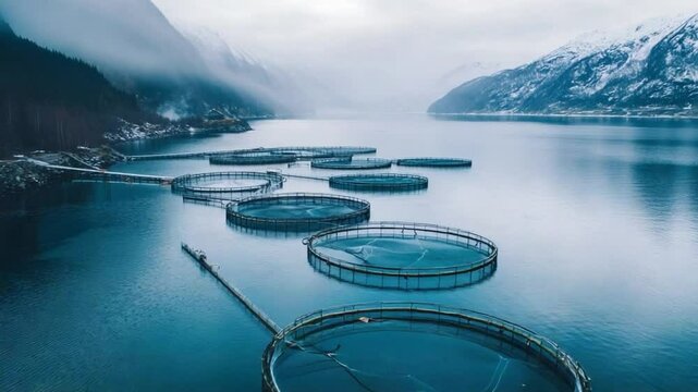 Industrial Aquaculture: A tranquil shot showcasing the harmonious balance of aquaculture with a mesmerizing natural backdrop of vast snow-capped mountains surrounding. Capturing an industry of life.