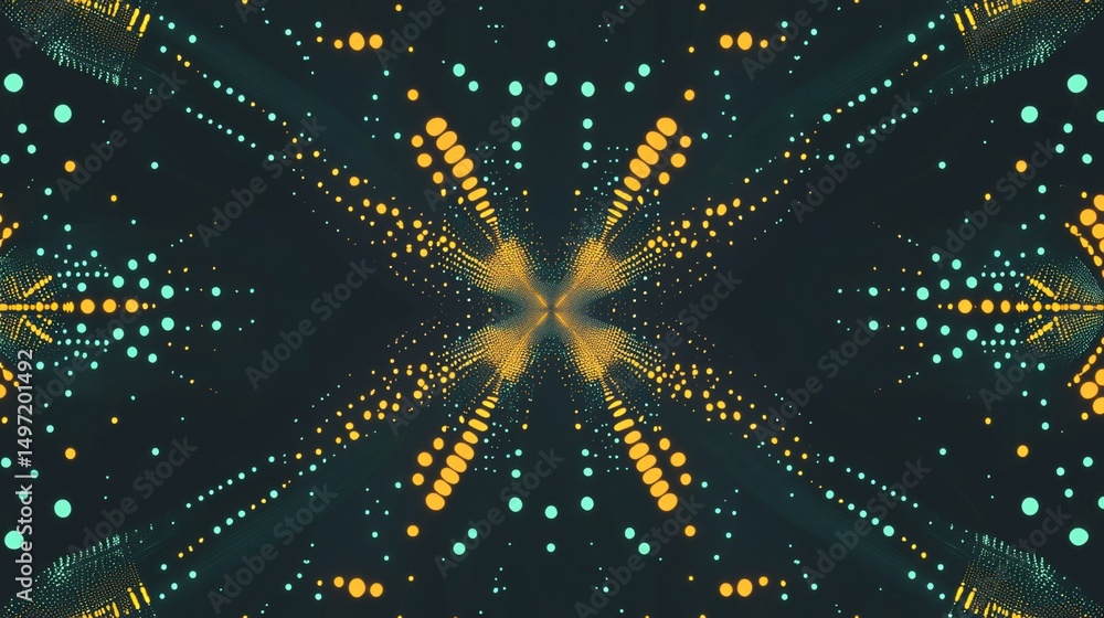 Poster abstract dark background with glowing teal and gold particles forming a symmetrical pattern.