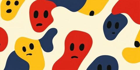 Abstrakte Gesichtermuster in Rot, Gelb und Blau