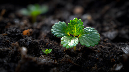 Close-up of a young strawberry plant sprouting from rich, dark soil, with tiny new leaves and morning dew, symbolizing growth and new beginnings.