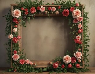 Rustic wooden frame, overflowing vintage artificial roses, lush greenery ,  aged, artificial flowers,  pastel