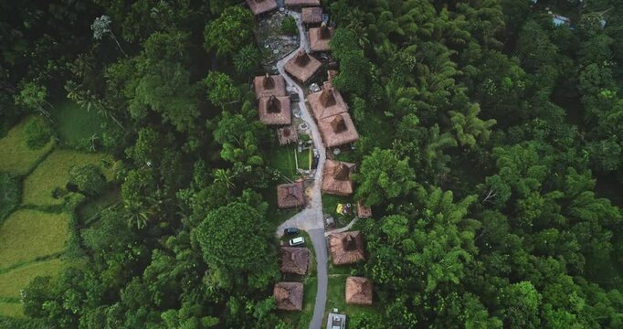 Aerial view of a traditional village nestled within a dense tropical forest in Sumba island, Indonesia, showcasing the harmonious blend of nature and culture