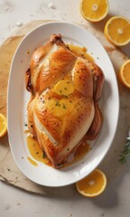 Crispy roasted chicken breast, glistening, citrus glaze on white plate,  high resolution,  gourmet