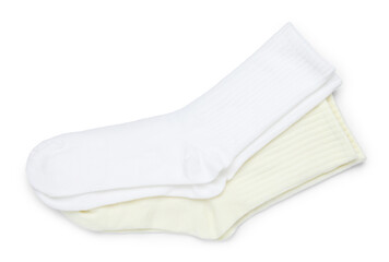 Pairs of stylish socks isolated on white, top view