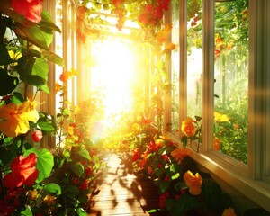 Sonnenstrahlen in einem blühenden Gewächshaus