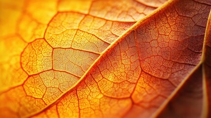 Fototapeta premium Close-up of two overlapping, translucent autumn leaves, showcasing intricate vein patterns and warm, amber hues