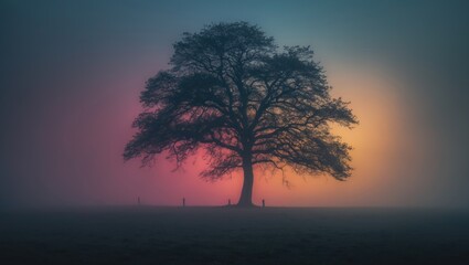 Fototapeta premium A lone tree standing in a foggy landscape during sunset or sunrise.