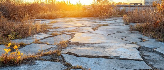 Zerbrochener Steinweg im Sonnenuntergang