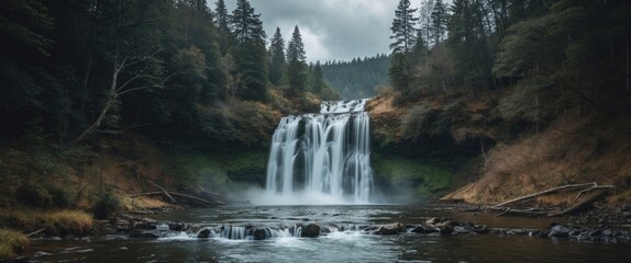 A waterfall flowing into a river surrounded by dense forest with tall trees and misty atmosphere. Nature and landscape scene. Tranquil water and lush greenery.