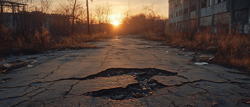 Zerfallene Straße im Sonnenuntergang