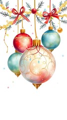 Soft vintage-style Christmas baubles painted in watercolor. Elegant and nostalgic touch for holiday designs.