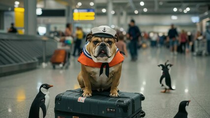 Bulldog in captain's hat and life vest sits on luggage with penguins at airport. Funny summer travel scene with dog and birds. Humorous vacation concept.
