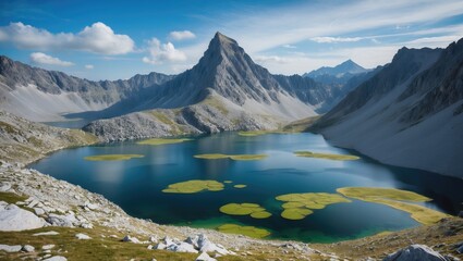 Fototapeta premium Mountain landscape with a lake and small islands surrounded by rugged peaks and dramatic skies. Nature scenery and alpine environment.