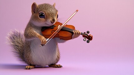 Adorable cartoon squirrel playing violin against a pale purple background.