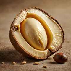 shea nut macro, organic shea butter source, raw tropical nut closeup, natural skincare ingredient, botanical seed isolated, superfood nut close up, healthy oil seed, exotic raw nut macro.