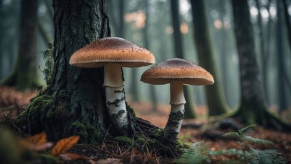 Fototapeta premium Two mushrooms growing at the base of a tree in a forest setting.