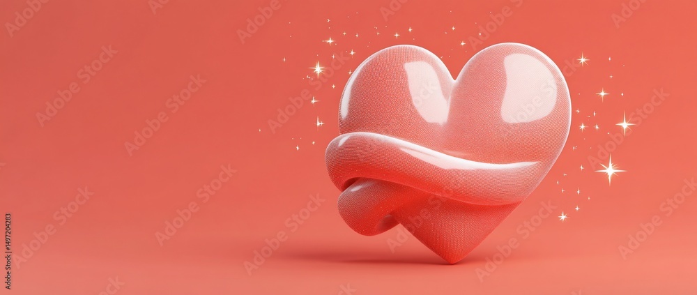 Poster 3d render of a pink heart shape with a ribbon wrapped around it against a coral background.