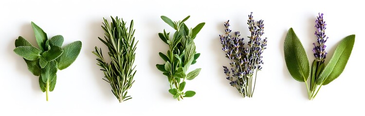 Fototapeta premium Five herbs rosemary, sage, lavender, and thyme arranged in rows on a white background