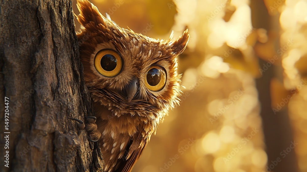 Poster a curious owl peeks from behind a tree trunk in a sunlit autumn forest.