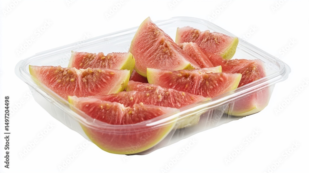 Poster sliced figs in a clear plastic container, ready for consumption.