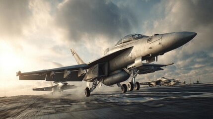 High-definition illustration of combat aircraft lifting into air from carrier deck..