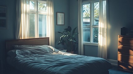 Sunlit bedroom with bed, plant, and windows.