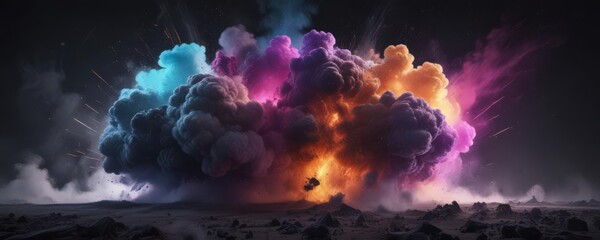 Multi-hued powder cloud explodes, leaving a striking dark void  ,  multicolored,  paint