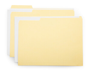 Two file folders with papers isolated on white, top view