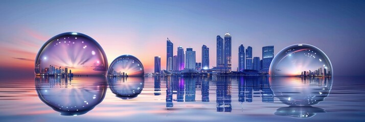 Futuristische Stadt am Horizont mit sphärischen Spiegelungen
